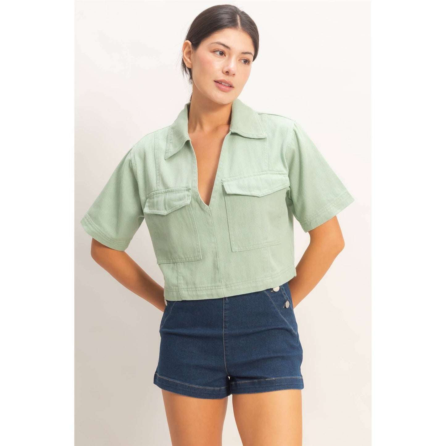 Collared V-Neck Top - Sage