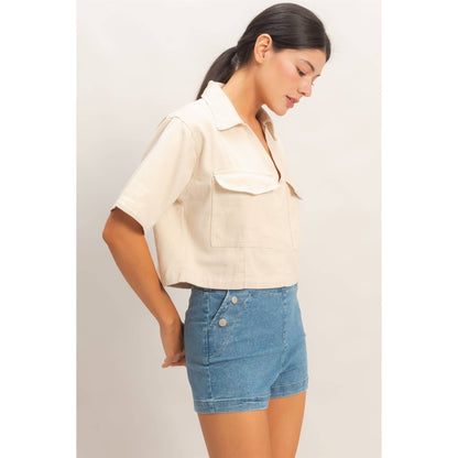 Collared V-Neck Top - Cream