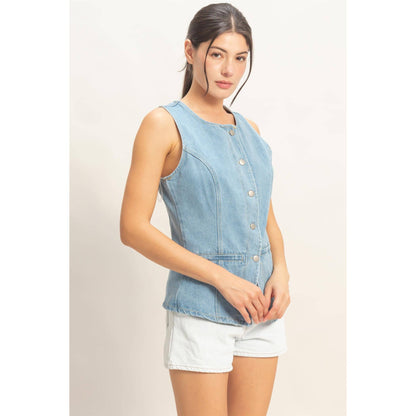 Button-Front Sleeveless Denim Vest