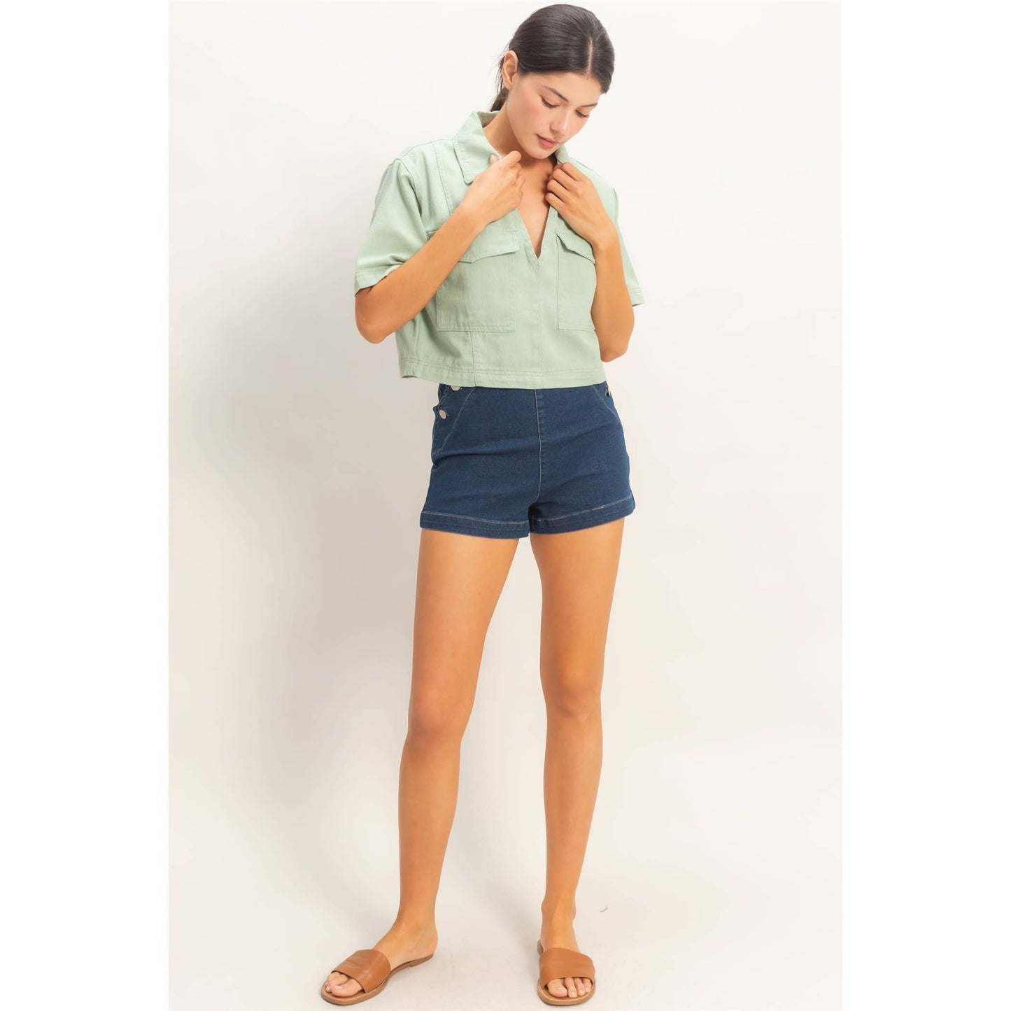 Collared V-Neck Top - Sage