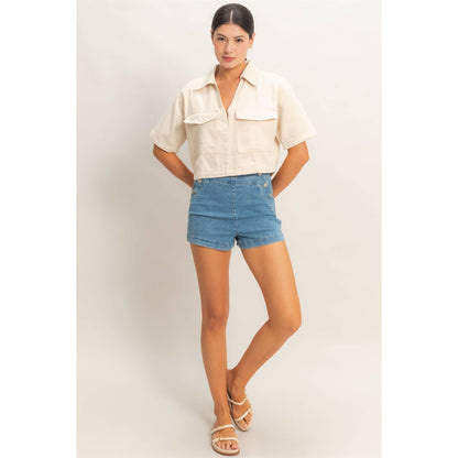 Collared V-Neck Top - Cream