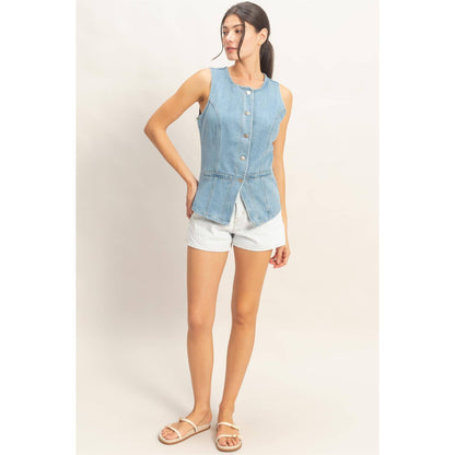 Button-Front Sleeveless Denim Vest