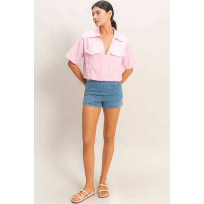 Collared V-Neck Top - Pink