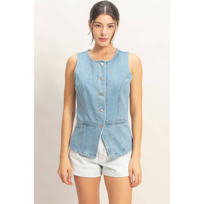 Button-Front Sleeveless Denim Vest
