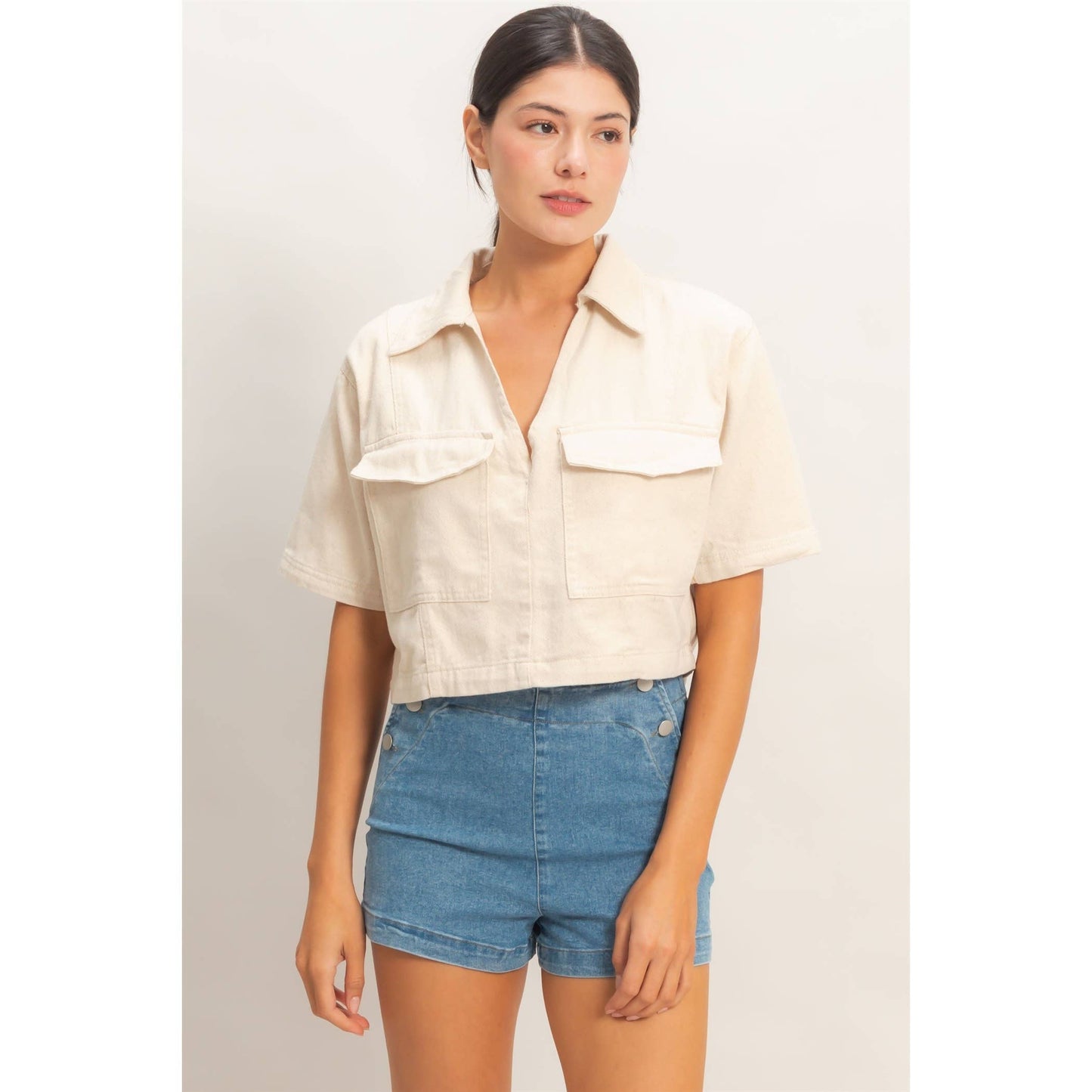 Collared V-Neck Top - Cream
