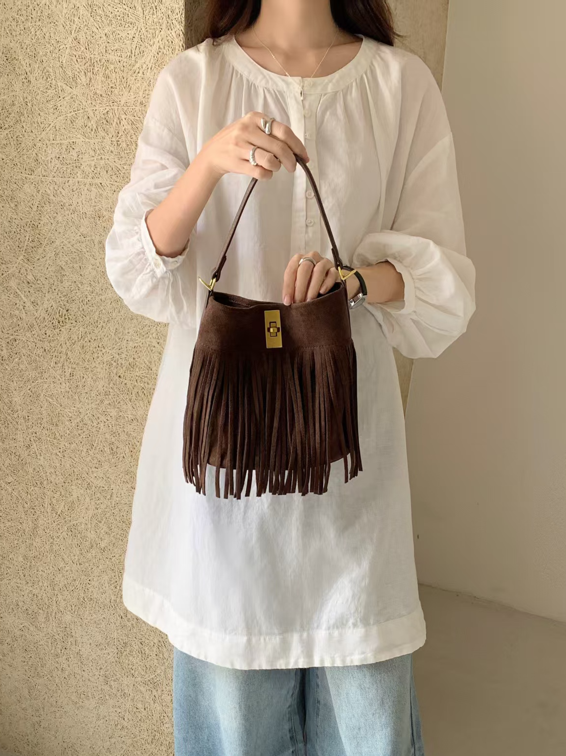 Leather Crossbody Bucket Bag