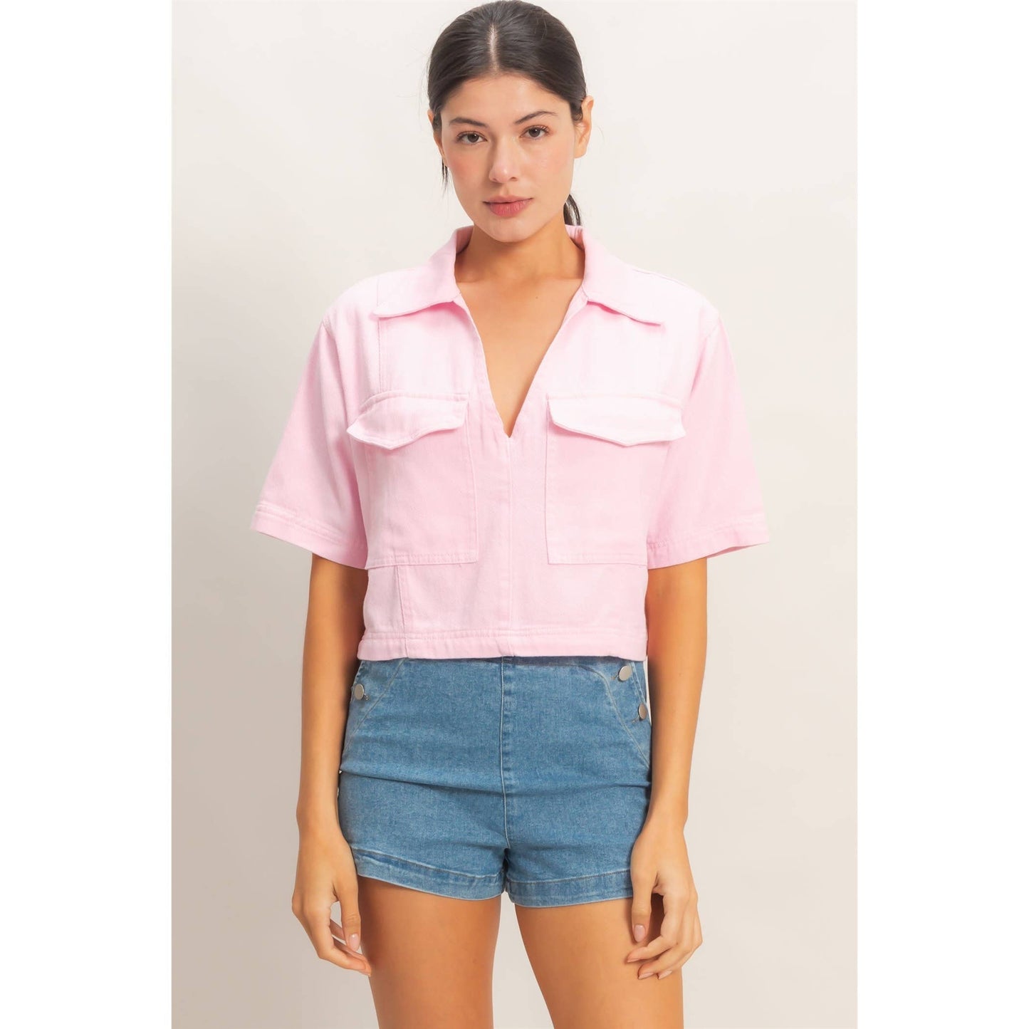 Collared V-Neck Top - Pink