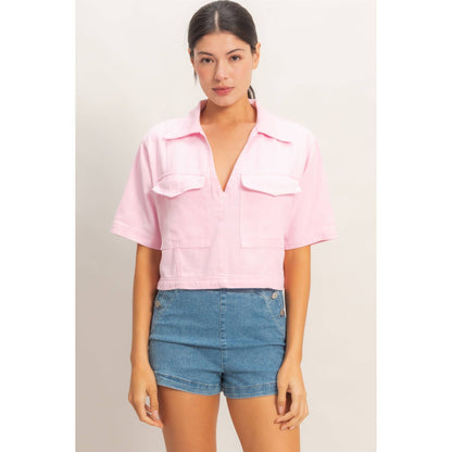 Collared V-Neck Top - Pink