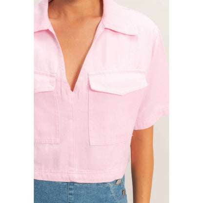 Collared V-Neck Top - Pink
