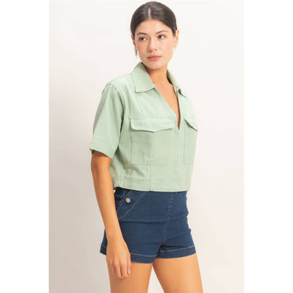 Collared V-Neck Top - Sage