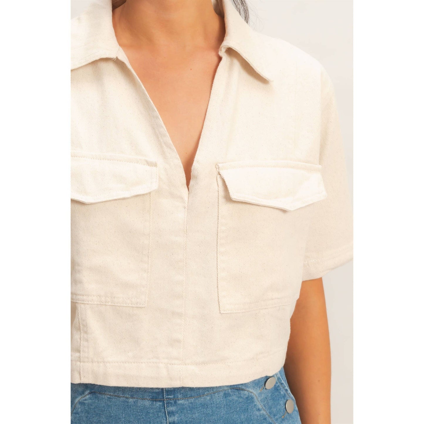 Collared V-Neck Top - Cream