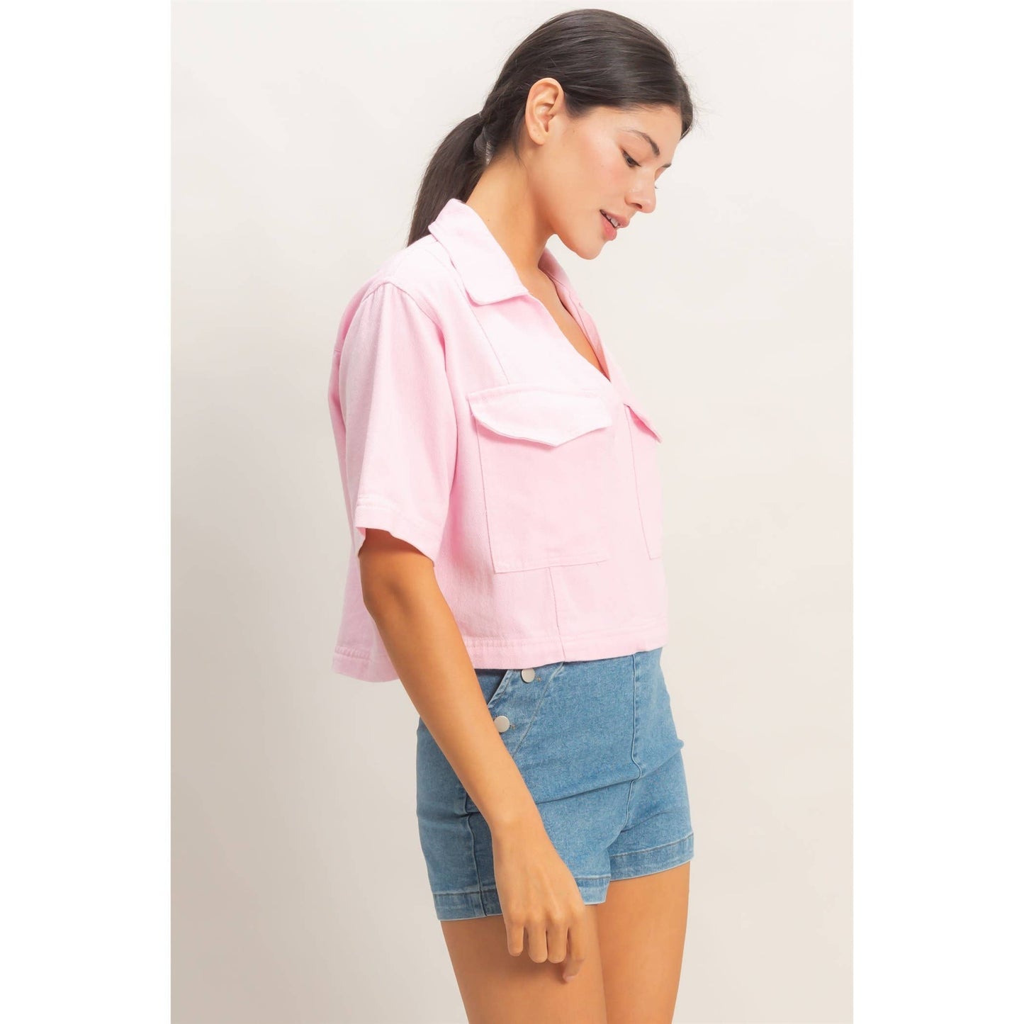 Collared V-Neck Top - Pink