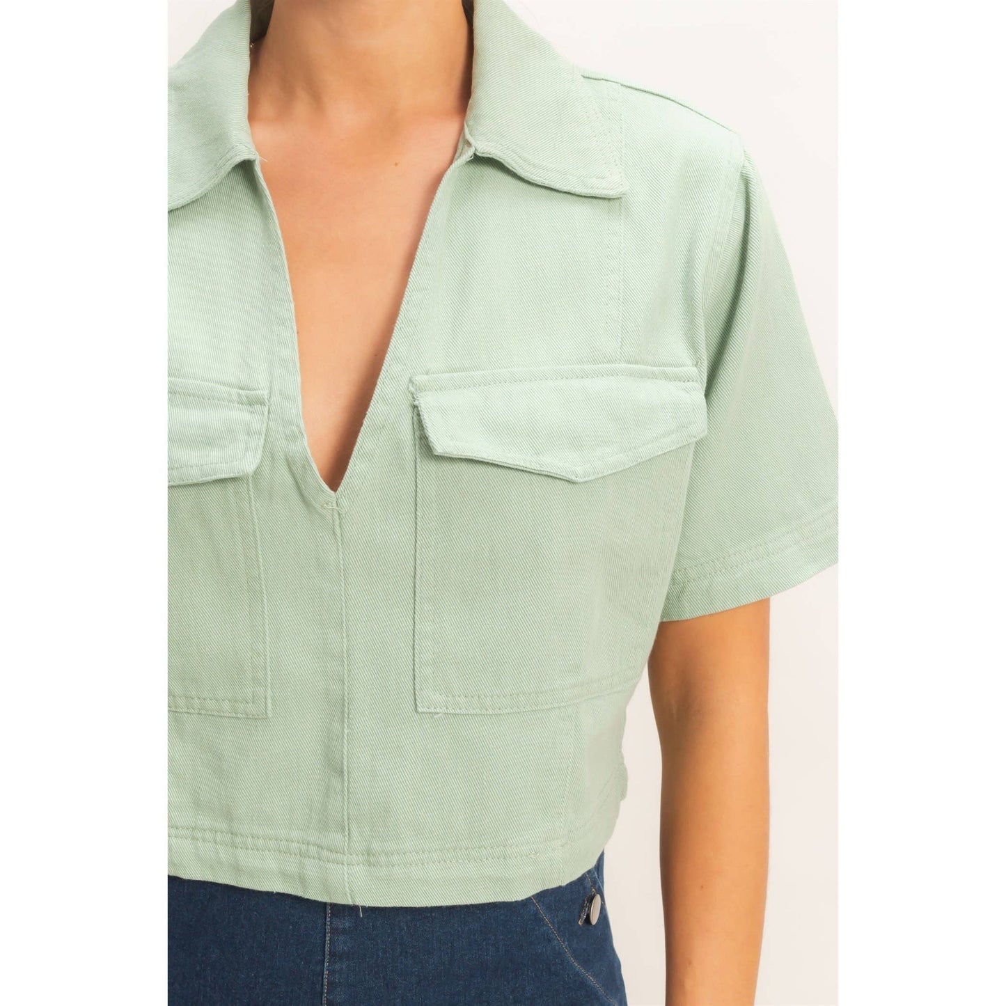 Collared V-Neck Top - Sage