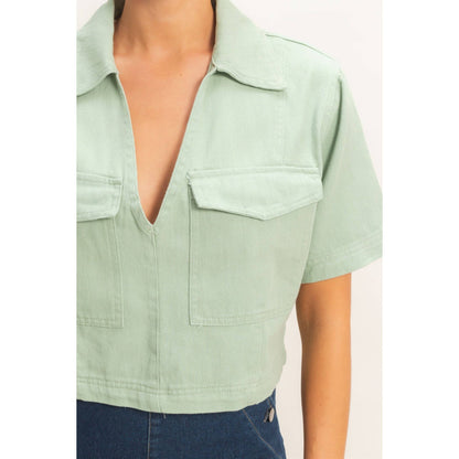 Collared V-Neck Top - Sage