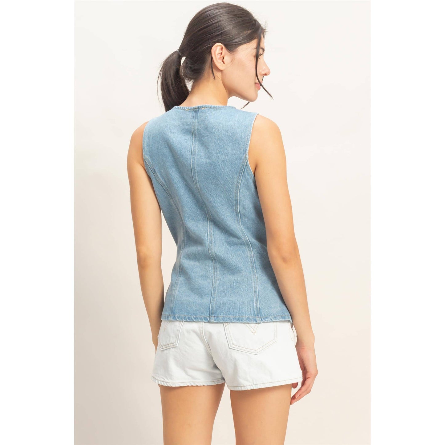 Button-Front Sleeveless Denim Vest